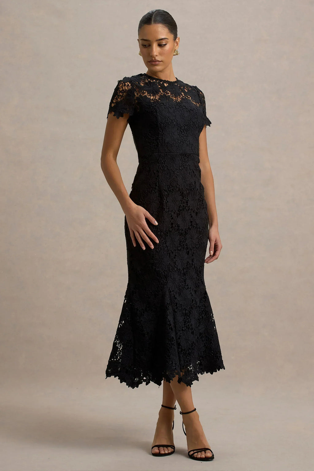 Clarissa | Black Lace Short-Sleeve Pleated Midi Dress