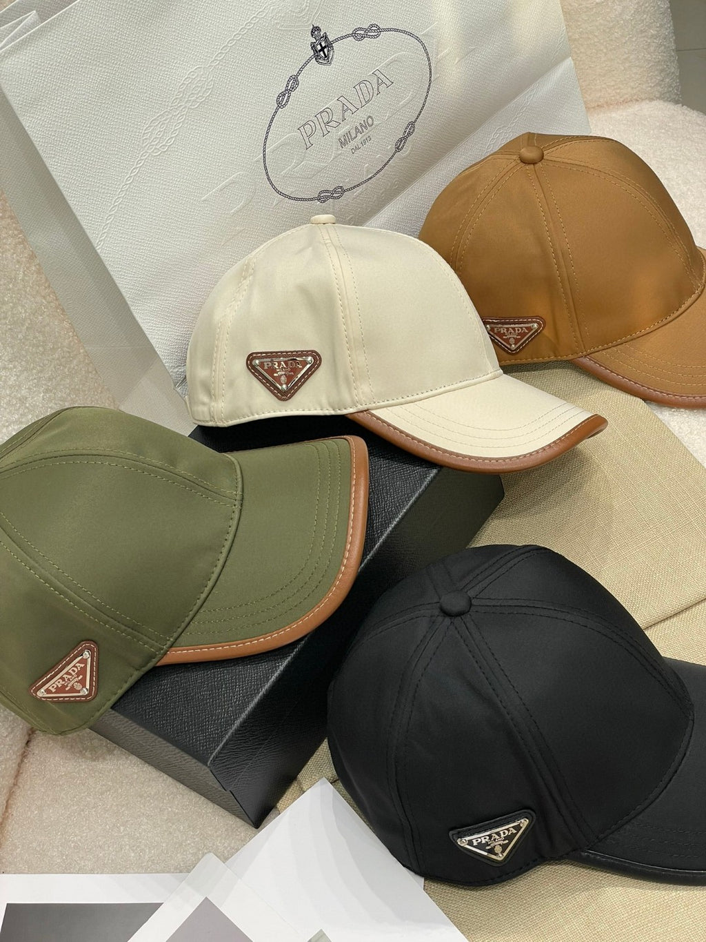 Prada Men's Metal Triangle Label Logo Solid Color Nylon Patchwork Leather Baseball Cap Hat #75923