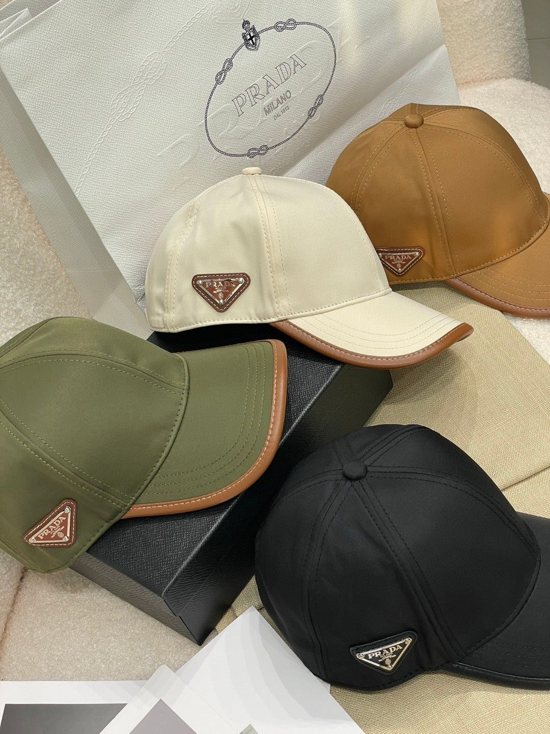 Prada Men's Metal Triangle Label Logo Solid Color Nylon Patchwork Leather Baseball Cap Hat #75923
