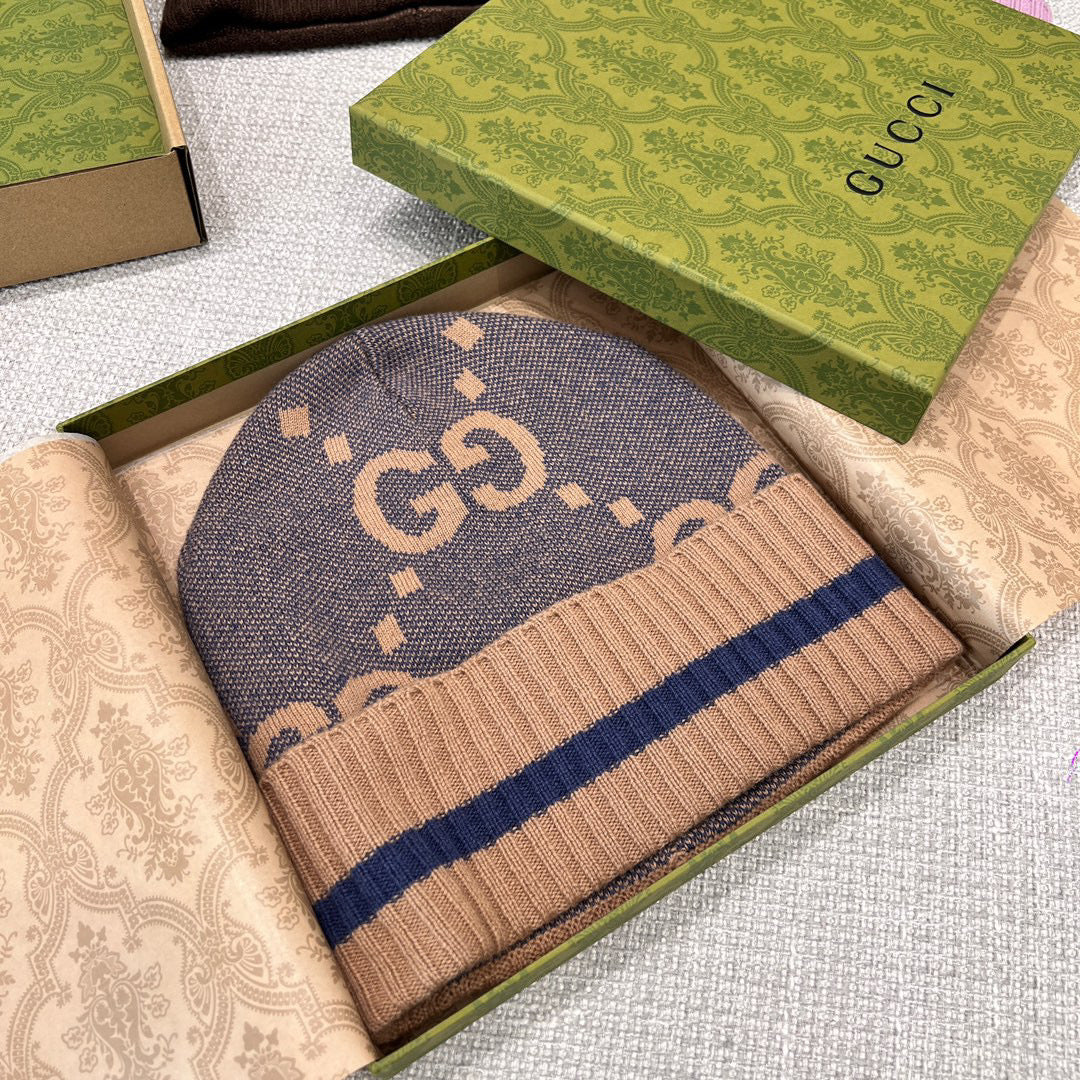 Gucci GG Knit Cashmere Hat Jacquard Tassel Scarf Set Suit #97289