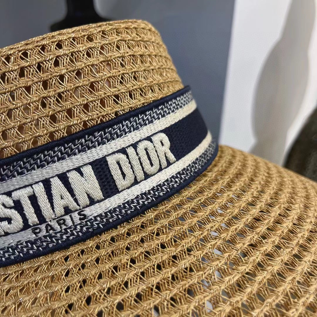 Dior Women's Solid Colour Straw Letter Embroidery Trimmed Strap Fisherman's Hat D-Bobby Wide Brim Hat #76871