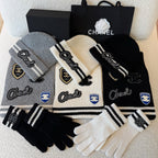 Chanel Women's Fall And Winter Black And White Gray Temperament Warm Winter Accessories Scarf Hat Gloves Fashion Trend Set #81628