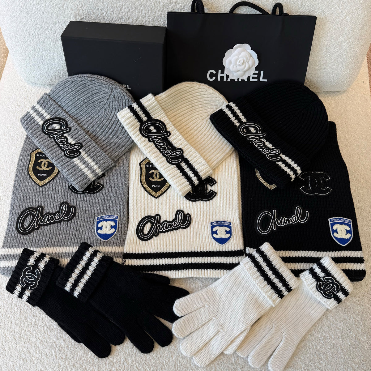 Chanel Women's Fall And Winter Black And White Gray Temperament Warm Winter Accessories Scarf Hat Gloves Fashion Trend Set #81628