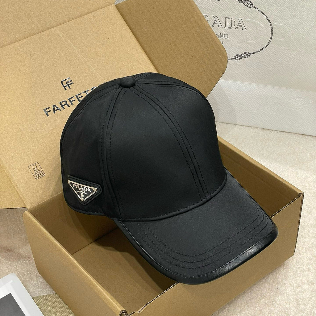 Prada Men's Metal Triangle Label Logo Solid Color Nylon Patchwork Leather Baseball Cap Hat #75923