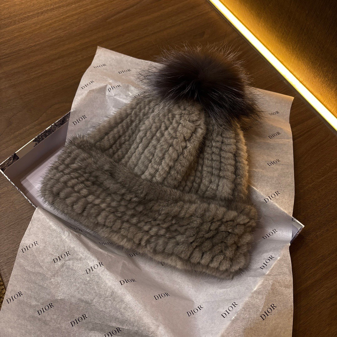 Dior Mink Knitted Patchwork Fur Ball Fur Hat #334275