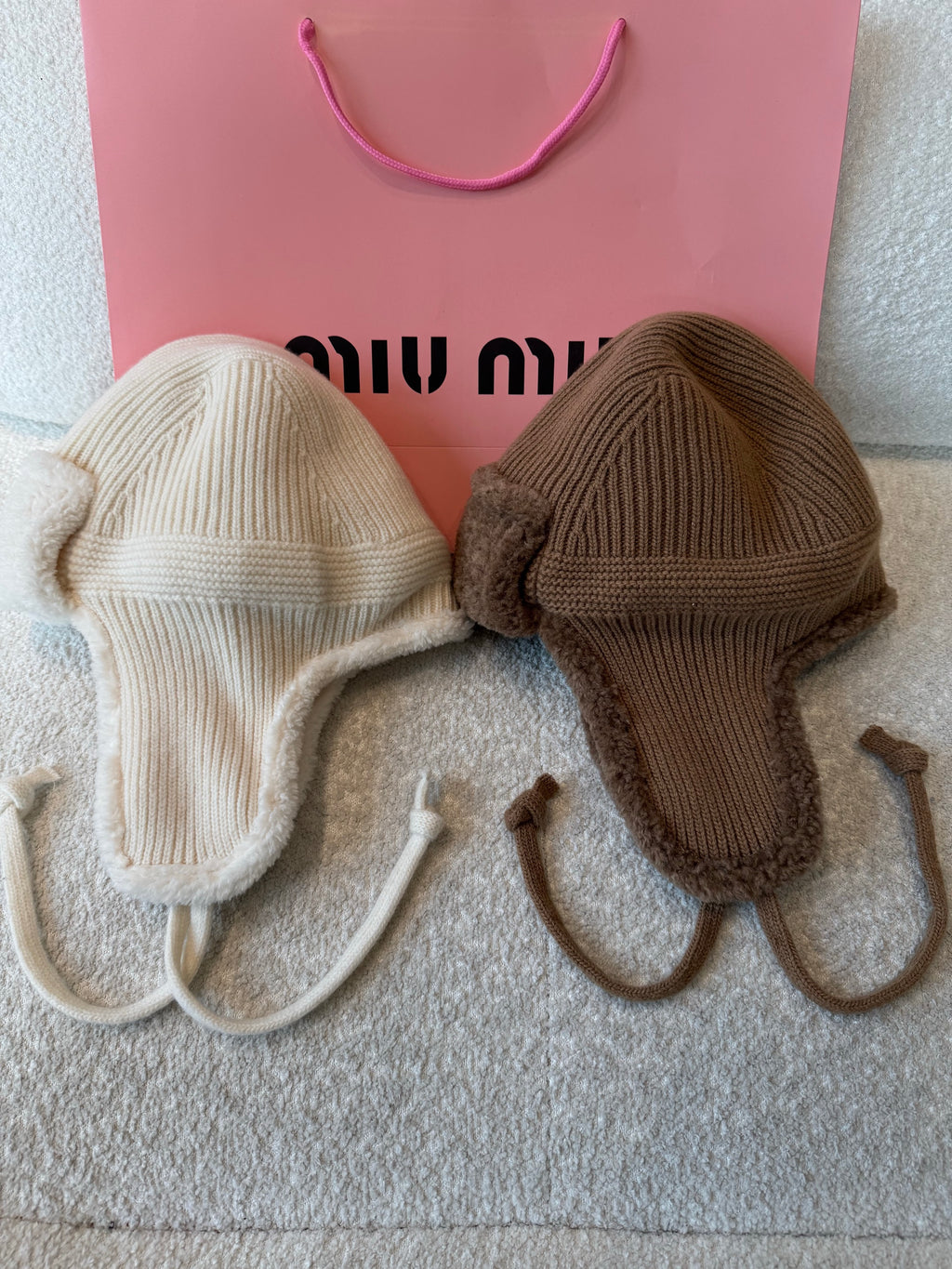 MiuMiu Camel Brown Wool Cashmere And Shearling Trapper Hat #335646