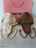 MiuMiu Camel Brown Wool Cashmere And Shearling Trapper Hat #335646