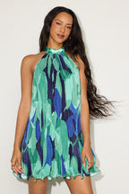 Vaivah Green Abstract Satin Plisse Mock Neck Swing Mini Dress