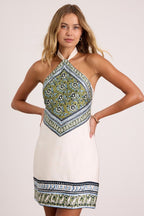 Ayson Ivory and Green Scarf Print Halter Mini Dress