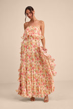 Andri Light Yellow Floral Pleated Ruffled Maxi Dress