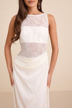 Akasha White Sheer Lace Mixed-Media Maxi Dress
