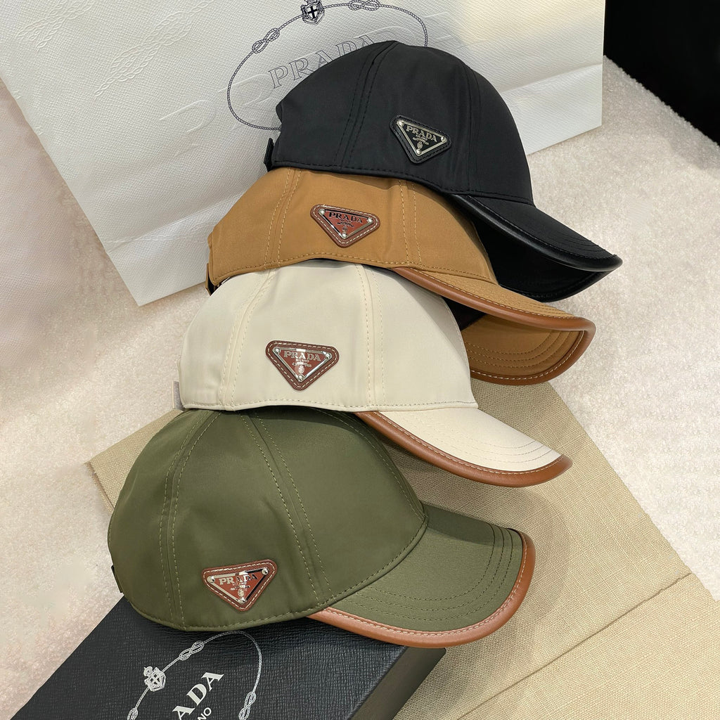 Prada Men's Metal Triangle Label Logo Solid Color Nylon Patchwork Leather Baseball Cap Hat #75923