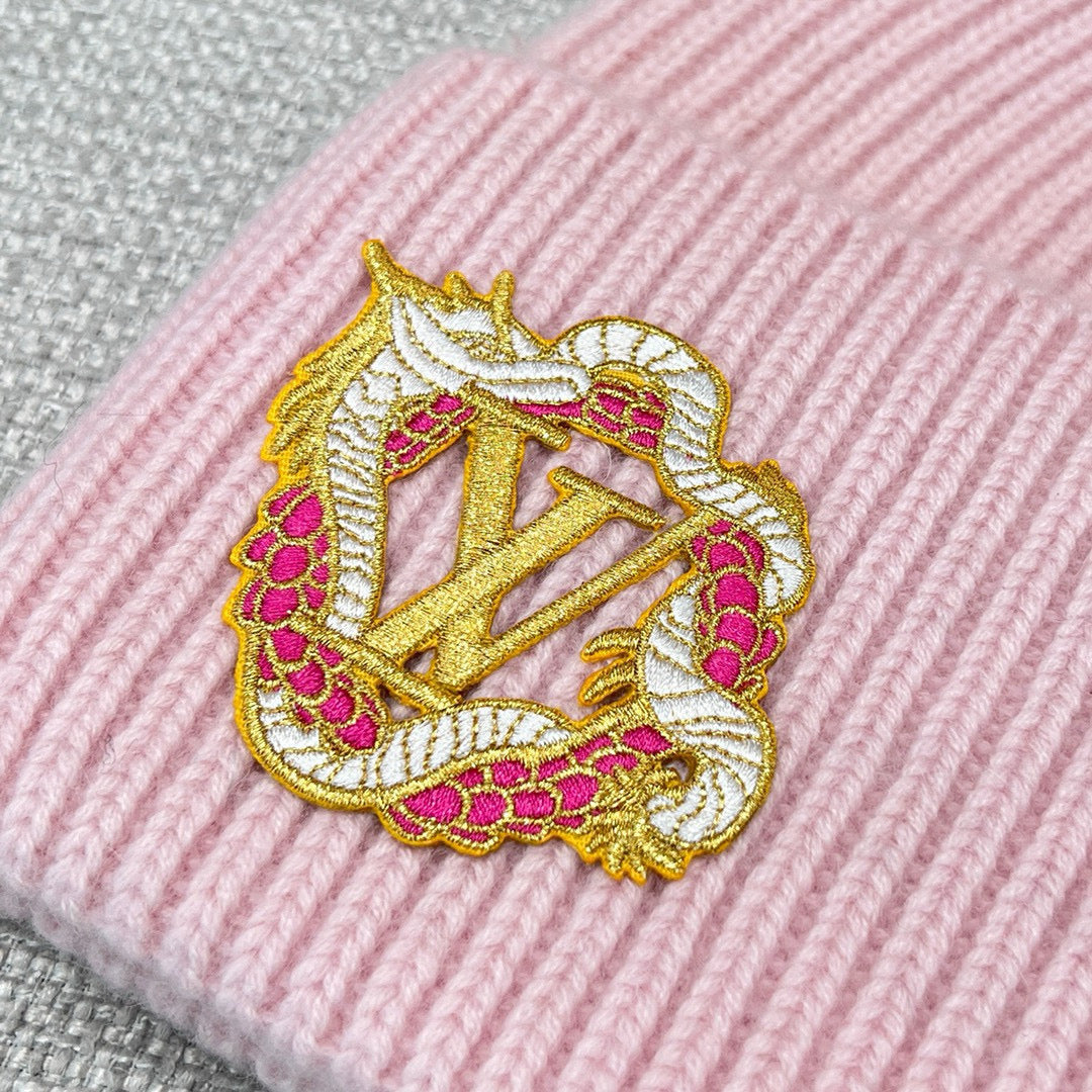 Louis Vuitton Women's Autumn and Winter Embroidery Pan Long Patch Logo Pink Woolen Fleece Hat Scarf Set #98115