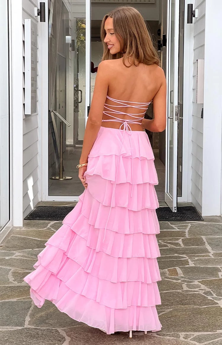Kim Pink Strapless Ruffle Maxi Dress