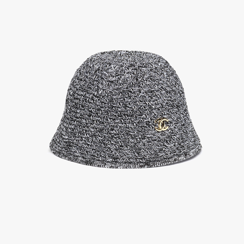 CHANEL Cloche Hat Cotton Mixed Fibers Metal Black White Gold #387336