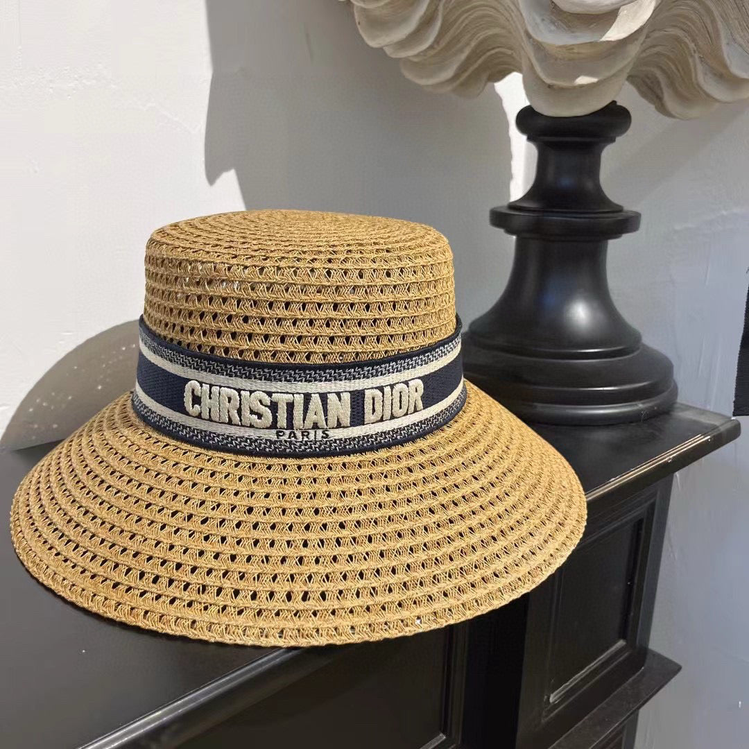 Dior Women's Solid Colour Straw Letter Embroidery Trimmed Strap Fisherman's Hat D-Bobby Wide Brim Hat #76871