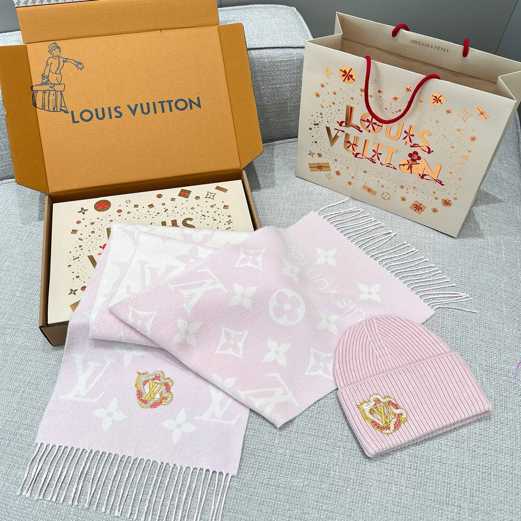 Louis Vuitton Women's Autumn and Winter Embroidery Pan Long Patch Logo Pink Woolen Fleece Hat Scarf Set #98115