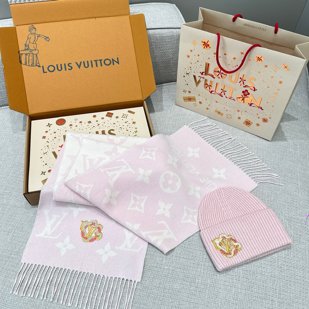 Louis Vuitton Women's Autumn and Winter Embroidery Pan Long Patch Logo Pink Woolen Fleece Hat Scarf Set #98115