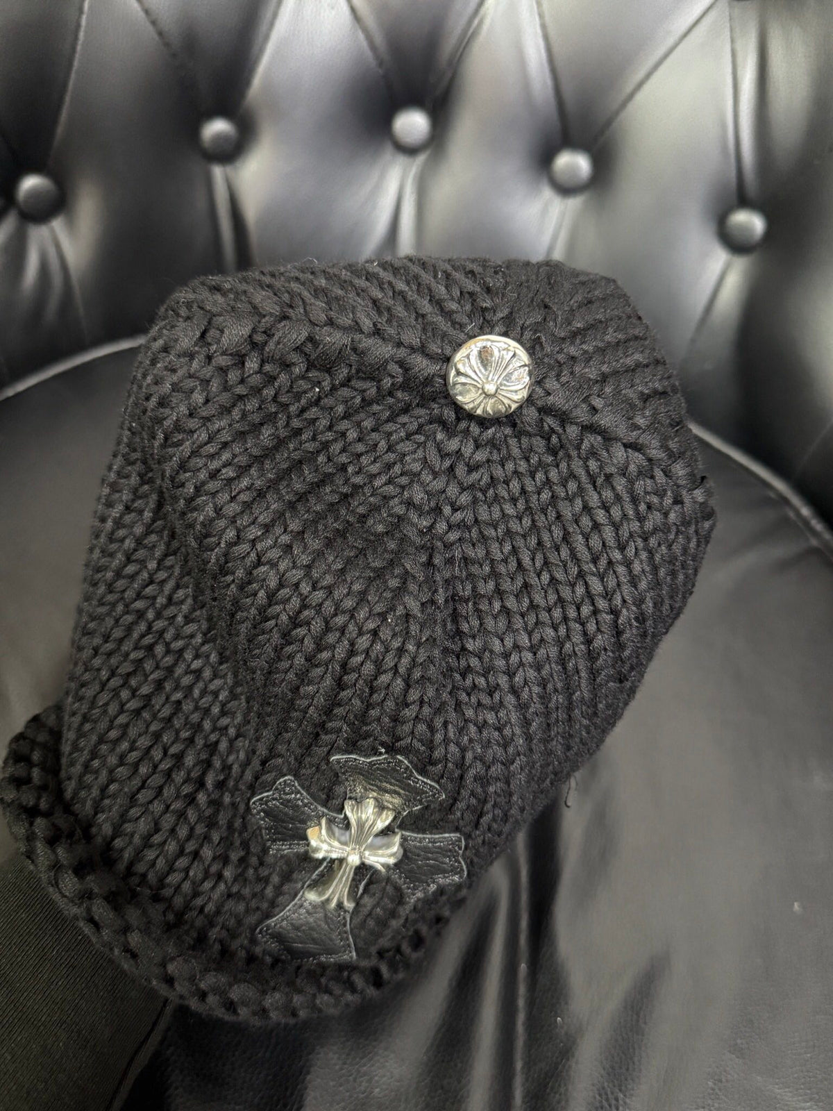 Chrome Hearts Sterling Silver Leather Embellished Cold Hat #333922