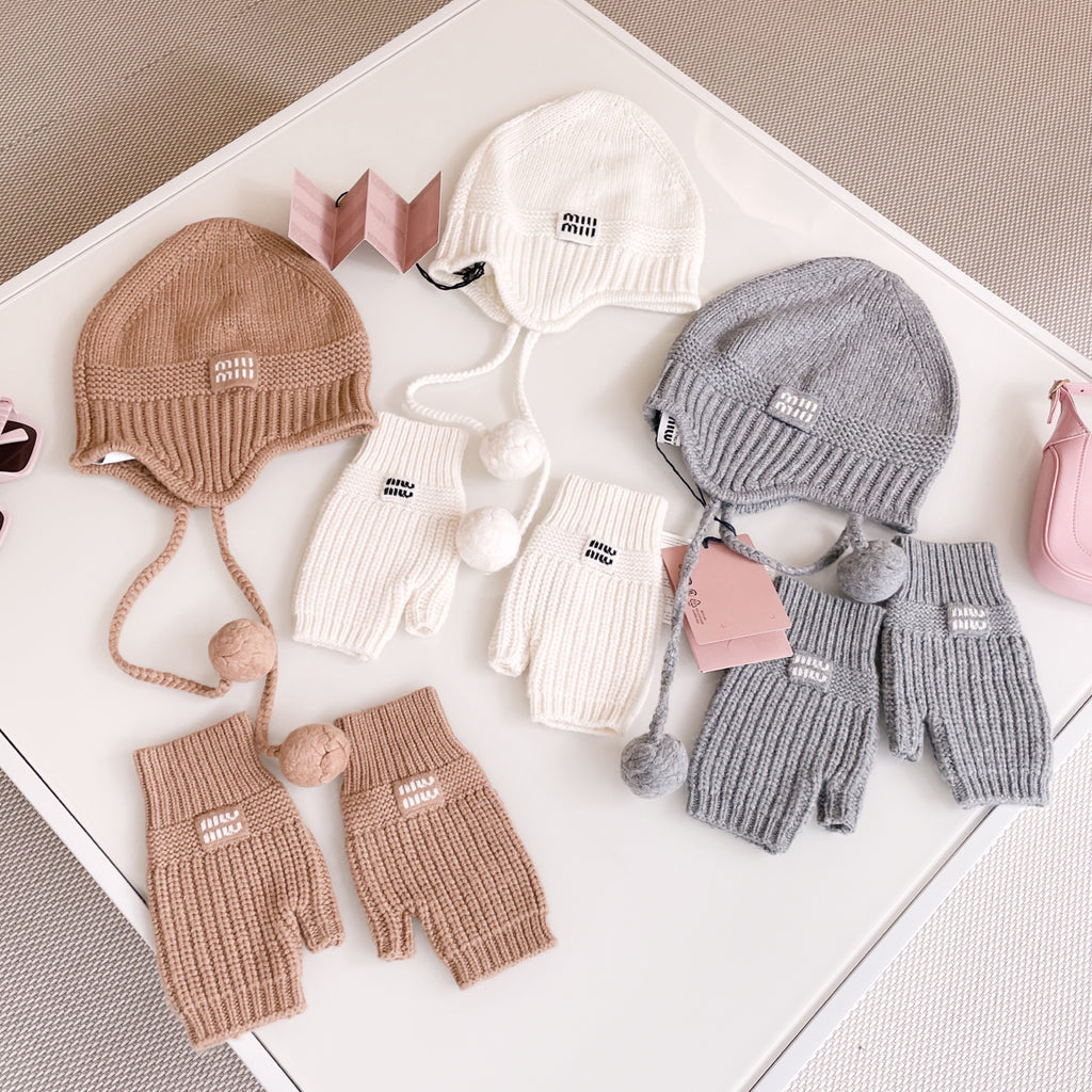 MiuMiu Women's Solid Color Logo Design Cashmere Knit Pom Pom Hat Woolen Gloves #75169