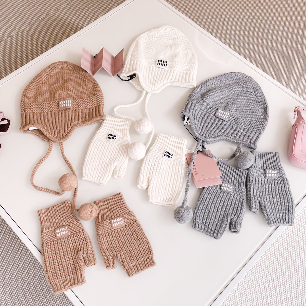 MiuMiu Women's Solid Color Logo Design Cashmere Knit Pom Pom Hat Woolen Gloves #75169