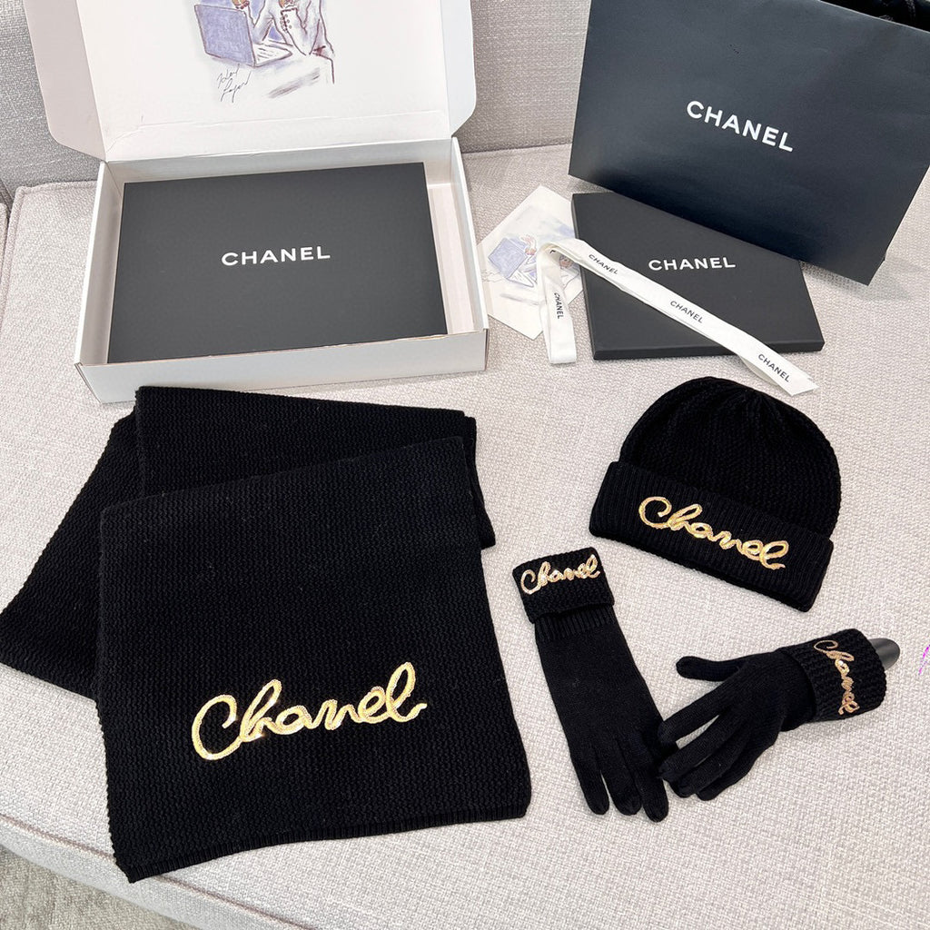 Chanel Cashmere Knit Hat Gloves Scarf #96642