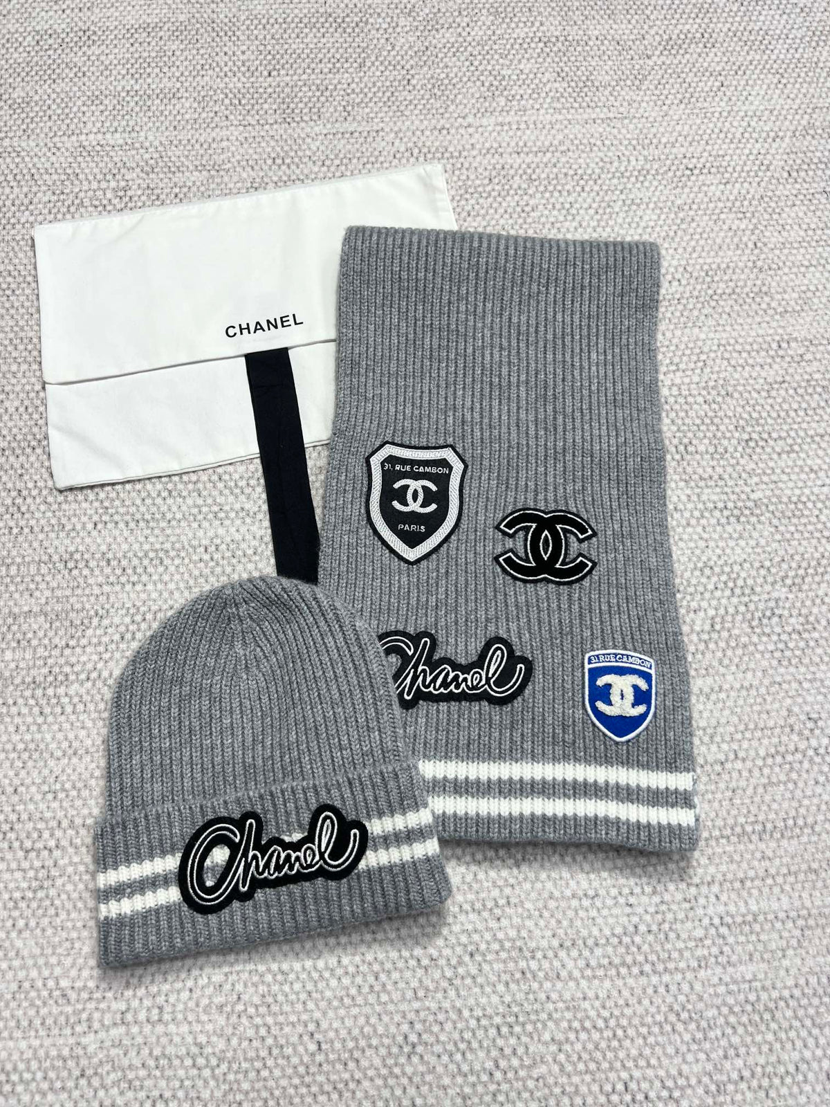 Chanel Women's Winter Graffiti Pattern Letter Print Solid Color Wool Hat Scarf Cap #73621
