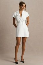 Etta | White Plunge-Neck Short Sleeved Blazer Mini Dress