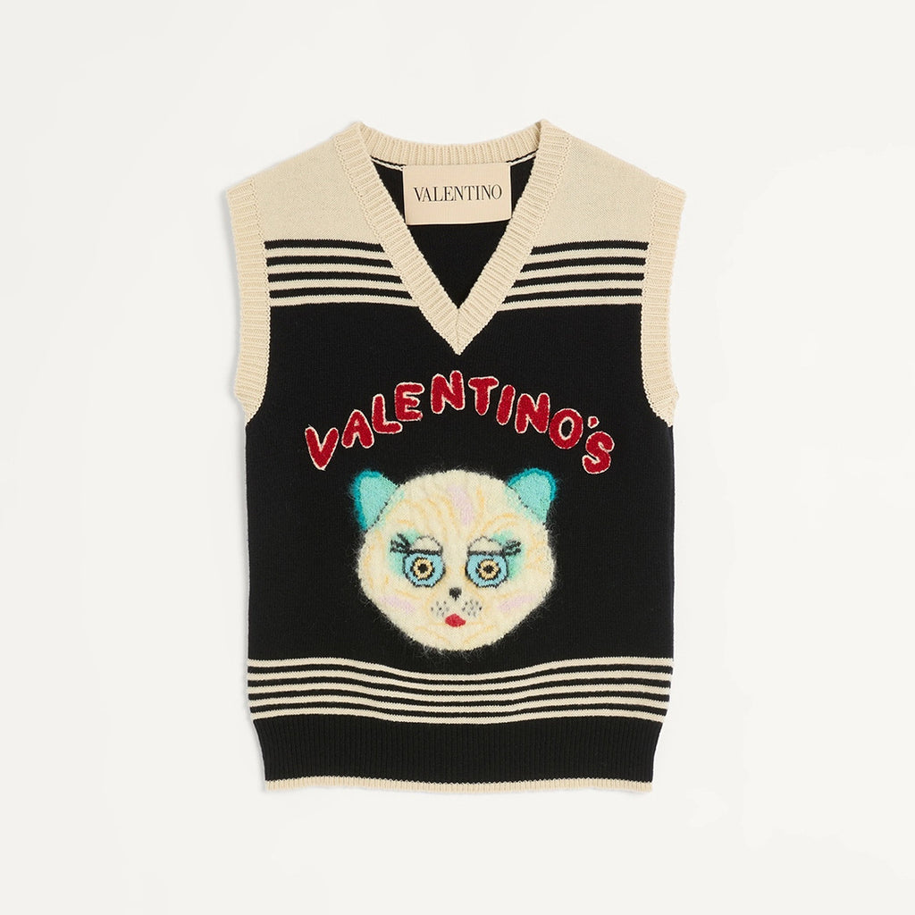 Valentino LE CHAT DE LA MAISON Women's Spring/Autumn Fashion Casual V-neck Knitted Letter Pattern Embroidered Sleeveless Vest  #78441