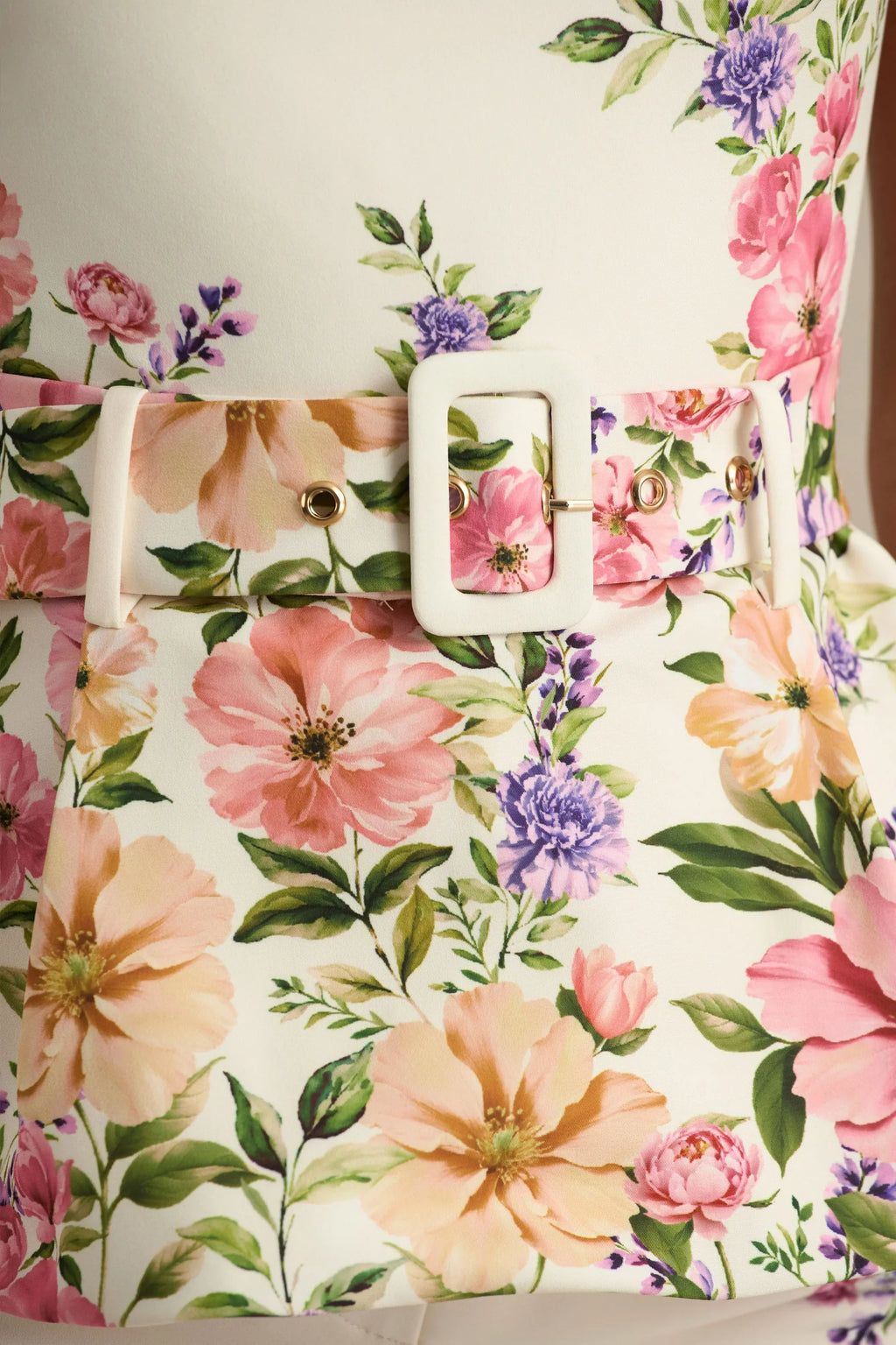 Maud | White Floral Border Print Square-Neck Tailored Top