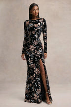 Lyric | Black Floral Velvet And Sequin Embellished Crew-Neck Maxi Dress
