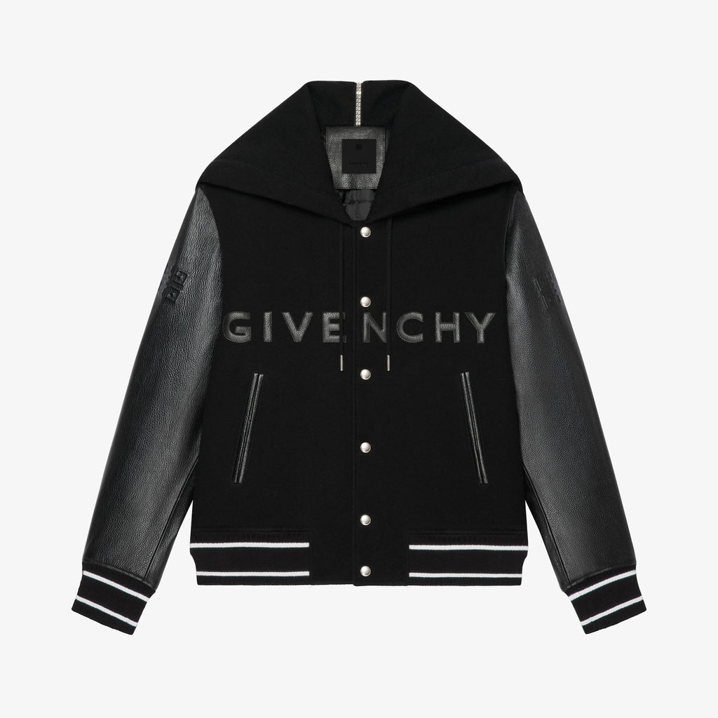 Givenchy Leather Wool Long Sleeve Hooded Zip Split Hat Jacket #1432
