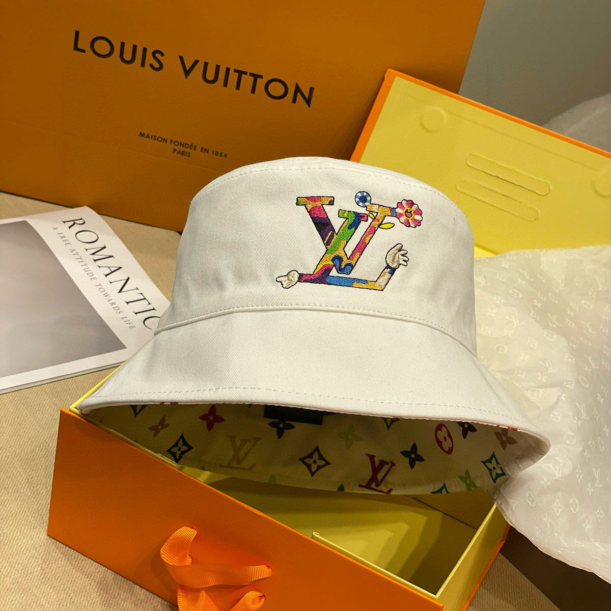 Louis Vuitton Men's And Women's Colorful Letters Embroidered Printed Cotton Reversible Fisherman's Hat Cap #75642