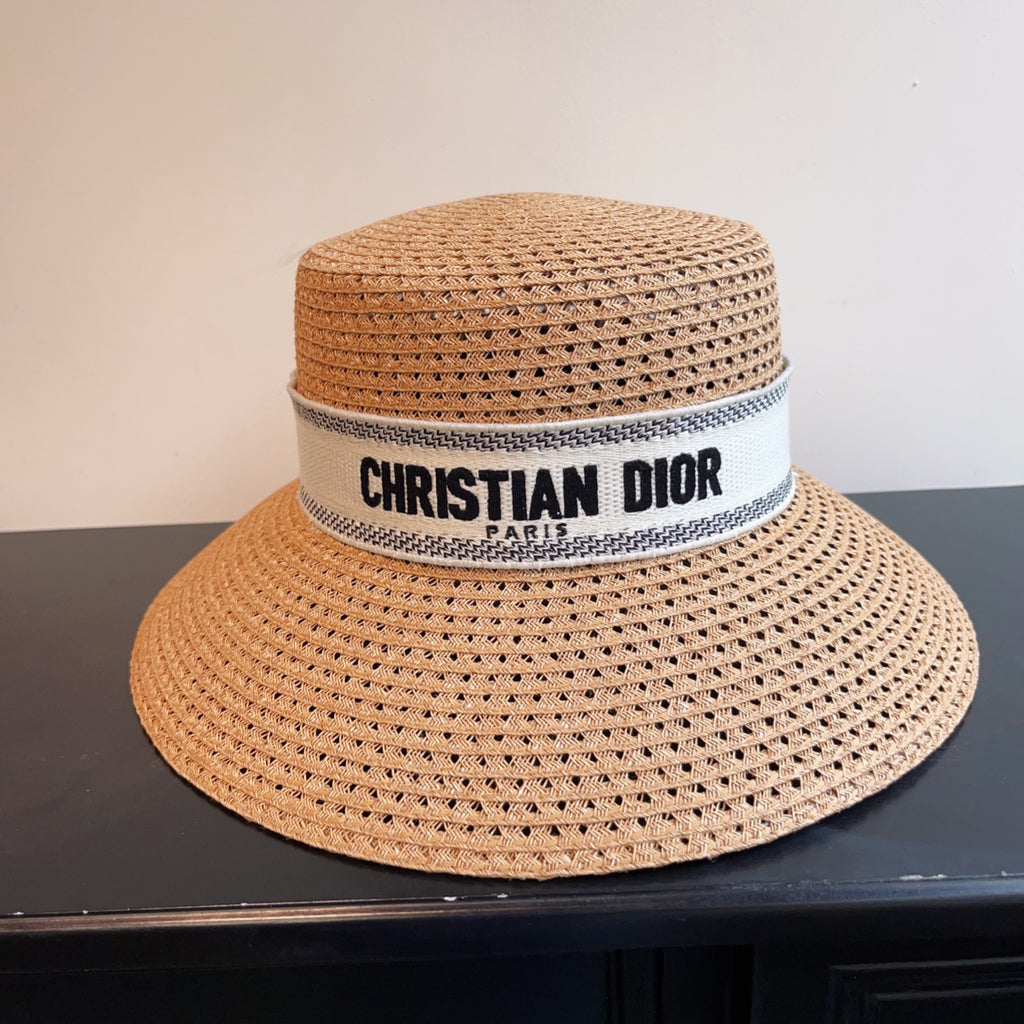 Dior Women's Solid Colour Straw Letter Embroidery Trimmed Strap Fisherman's Hat D-Bobby Wide Brim Hat #76871
