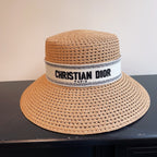 Dior Women's Solid Colour Straw Letter Embroidery Trimmed Strap Fisherman's Hat D-Bobby Wide Brim Hat #76871