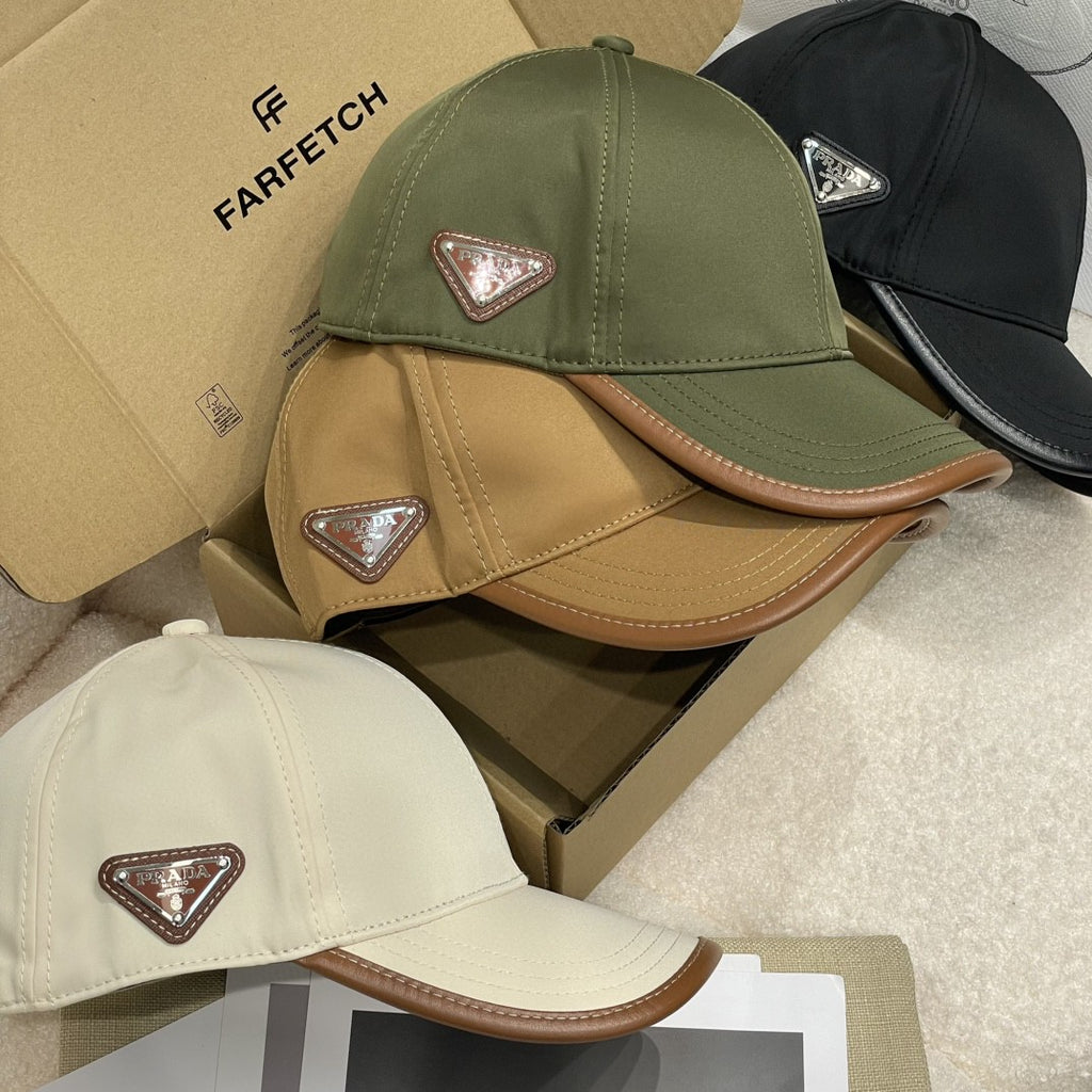 Prada Men's Metal Triangle Label Logo Solid Color Nylon Patchwork Leather Baseball Cap Hat #75923