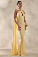 Rhoda | Lemon Twist Halter-Neck Cape Maxi Dress