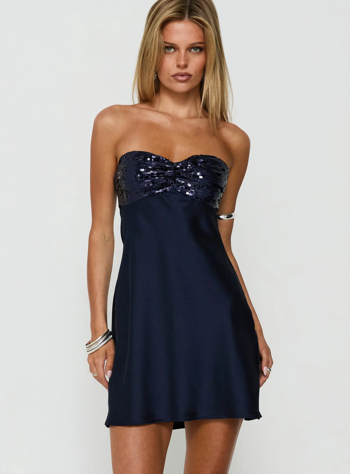 See The Vision Sequin Bust Strapless Mini Dress Navy
