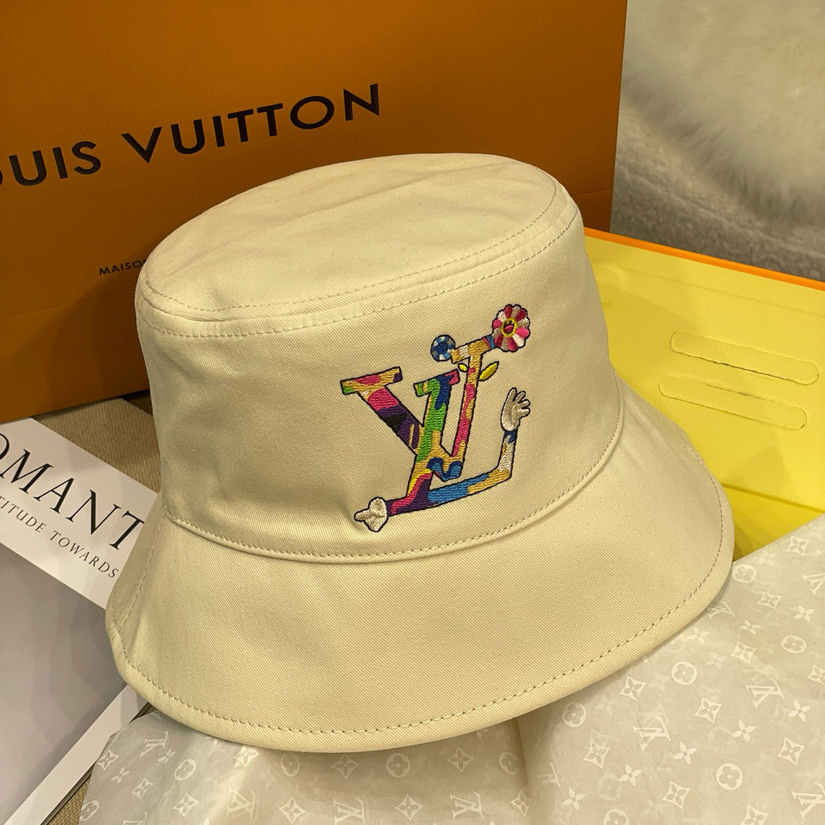Louis Vuitton Men's And Women's Colorful Letters Embroidered Printed Cotton Reversible Fisherman's Hat Cap #75642