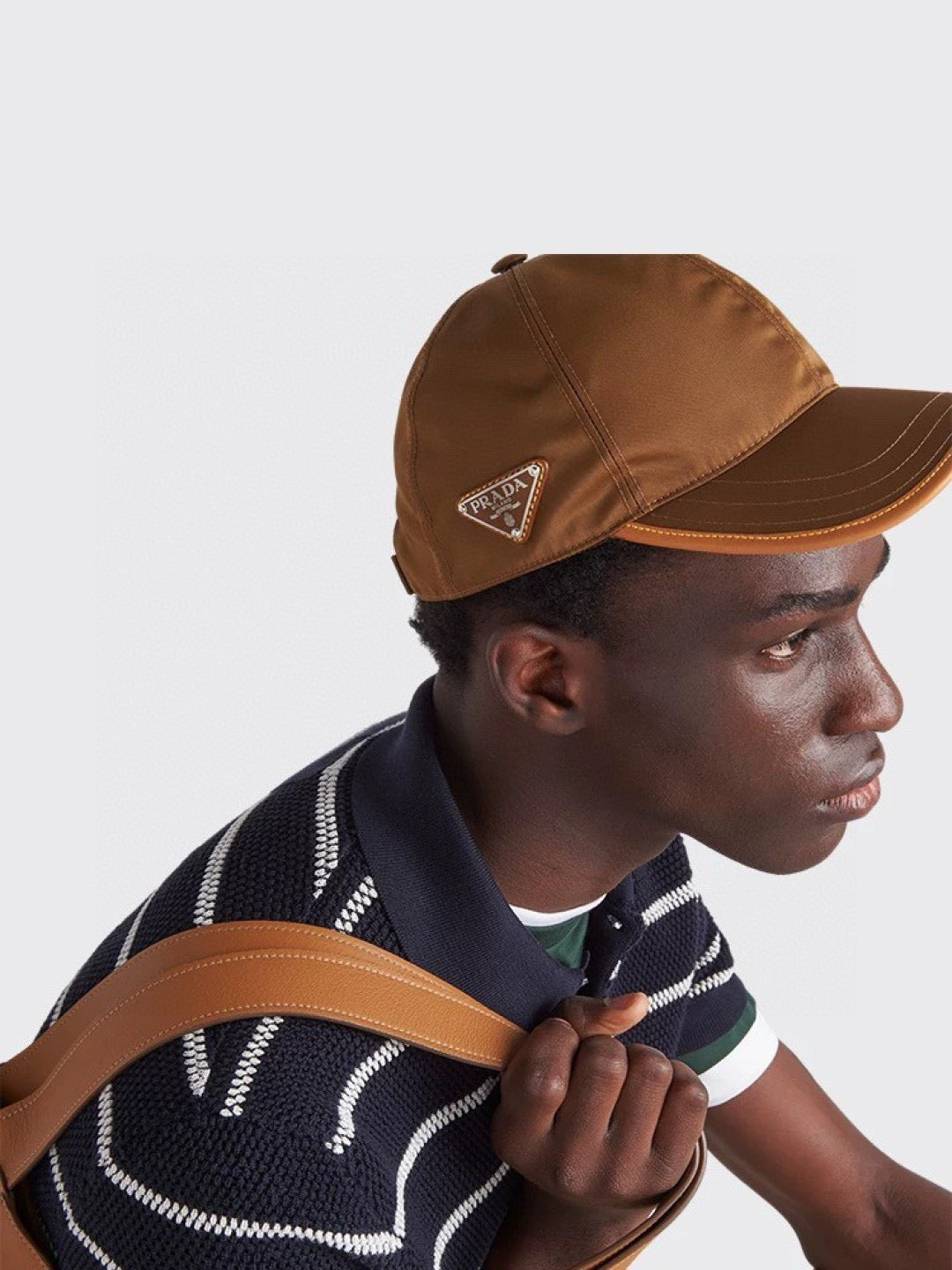 Prada Men's Metal Triangle Label Logo Solid Color Nylon Patchwork Leather Baseball Cap Hat #75923