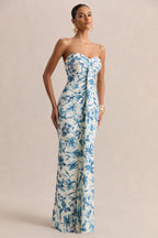 Ali | Blue Porcelain Print Sweetheart Ruched Wrap Maxi Dress