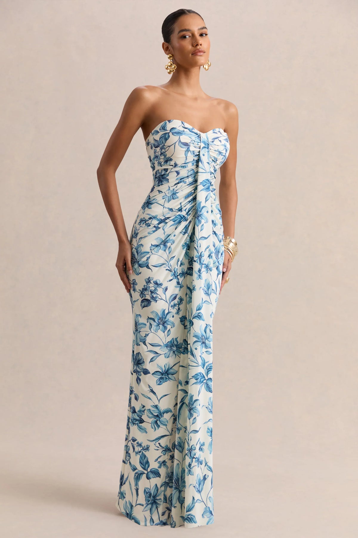Ali | Blue Porcelain Print Sweetheart Ruched Wrap Maxi Dress
