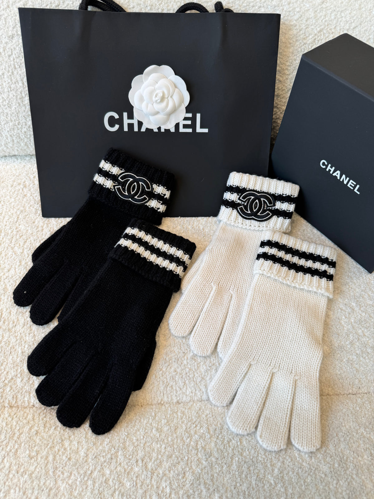 Chanel Women's Fall And Winter Black And White Gray Temperament Warm Winter Accessories Scarf Hat Gloves Fashion Trend Set #81628