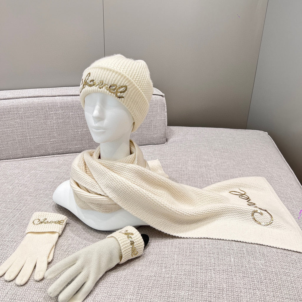 Chanel Cashmere Knit Hat Gloves Scarf #96642