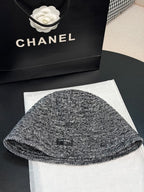 CHANEL Cloche Hat Cotton Mixed Fibers Metal Black White Gold #387336