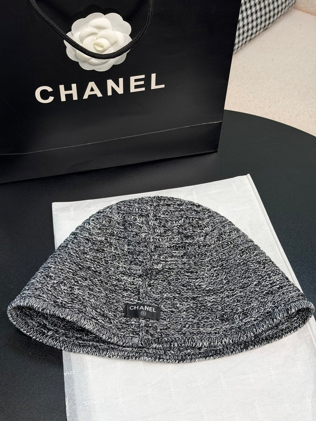CHANEL Cloche Hat Cotton Mixed Fibers Metal Black White Gold #387336