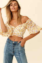Linka Off-Shoulder Tie-Back Crop Top Leopard Print Yellow