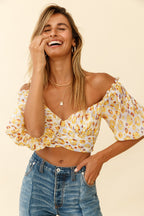 Linka Off-Shoulder Tie-Back Crop Top Leopard Print Yellow