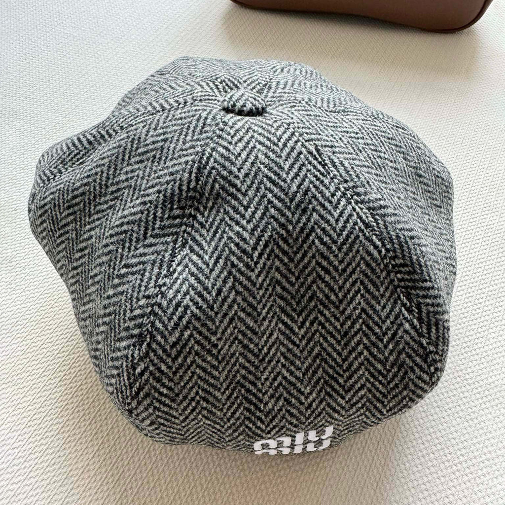 MiuMiu Women's Solid Color V-Pattern Wool Fabric Beret Cap Hat #73985