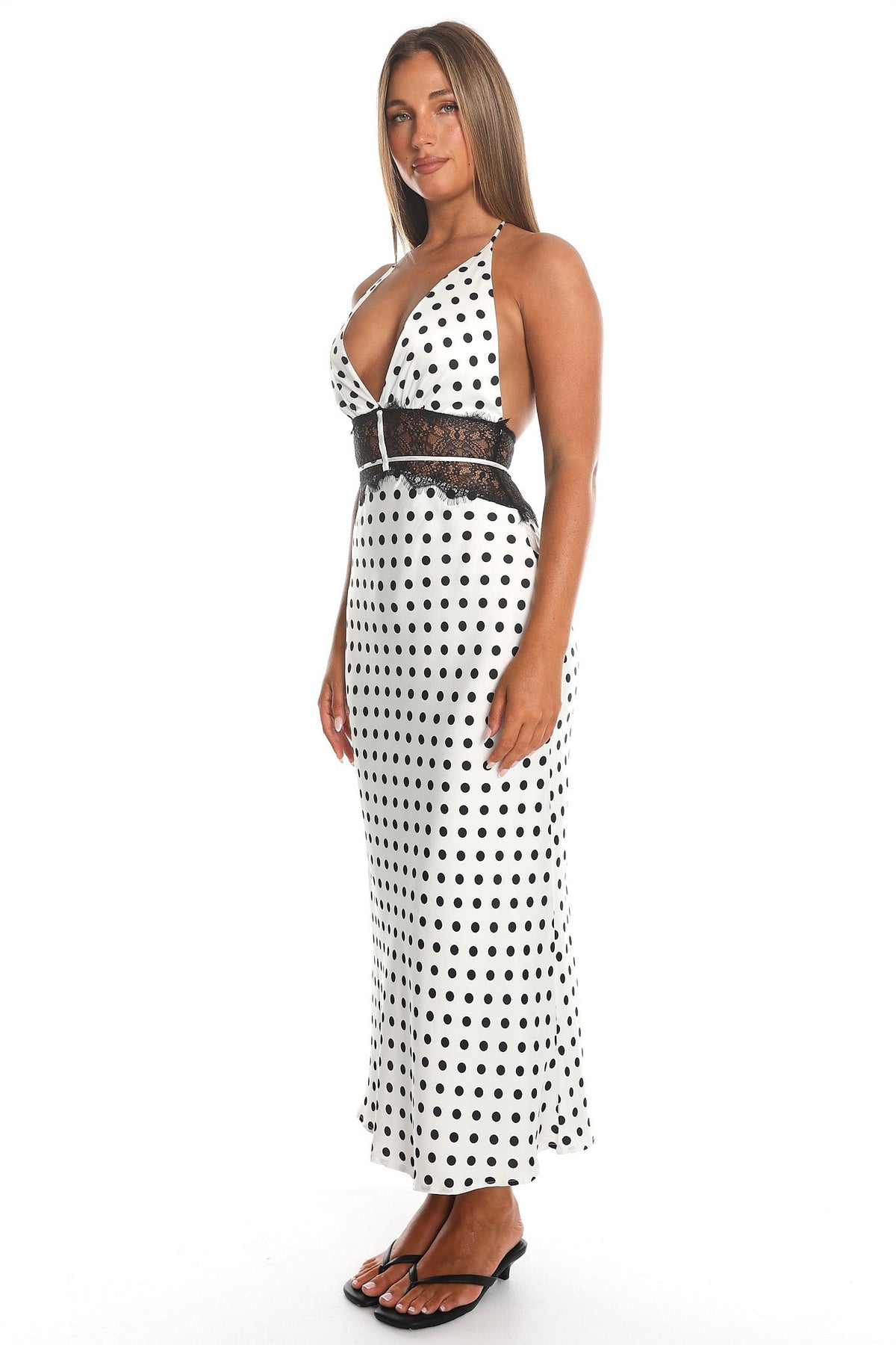 Tarly Lace Waist Halter Maxi Dress Polka Dot White